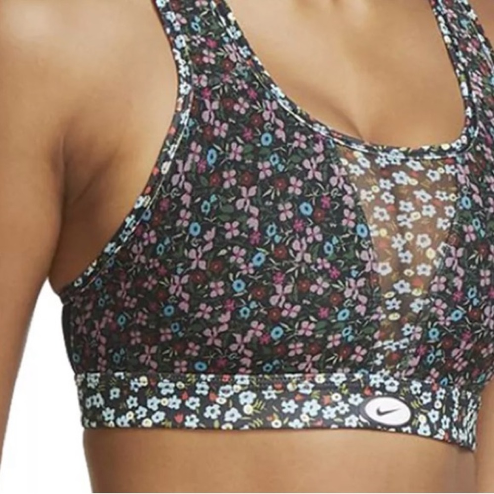 Nike Swoosh Black with Blue Flowers Medium Support Sports Bra